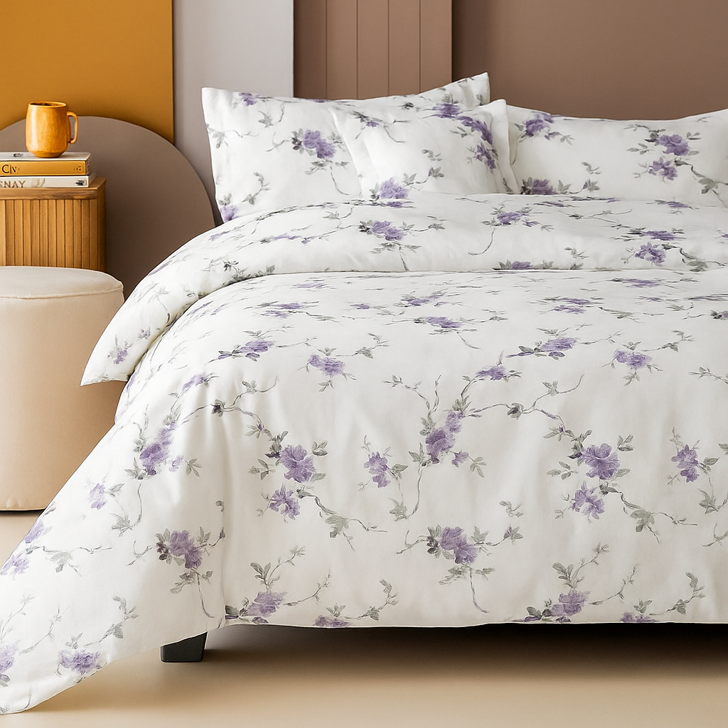 Pure White Floral Cotton Satin Bedsheet for King Size Bed | 1 Bedsheets (108x108Inches) with 2 Pillow Covers | 186 TC Bedsheet
