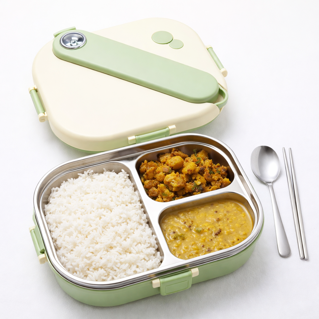 Lunch Box with Stainless Steel Inner Tray (900 ml) + Steel Spoon & Chopsticks | With Steam Vent | Leak proof lunch box
