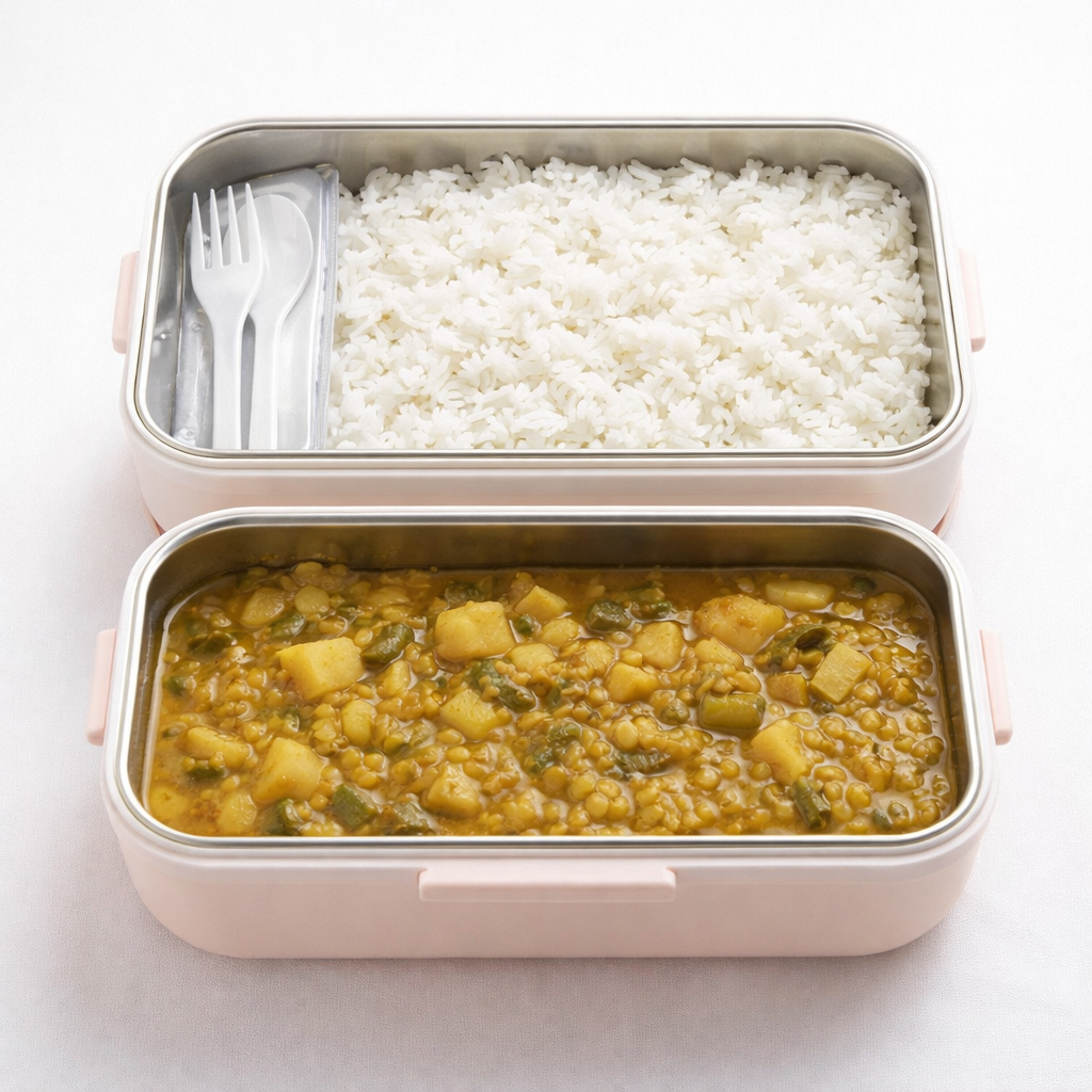Travel Lunch Box with Handle 2 compartments (Total 900 ml) + Spoon & Fork | With Steam Vent | Leak proof lunch box