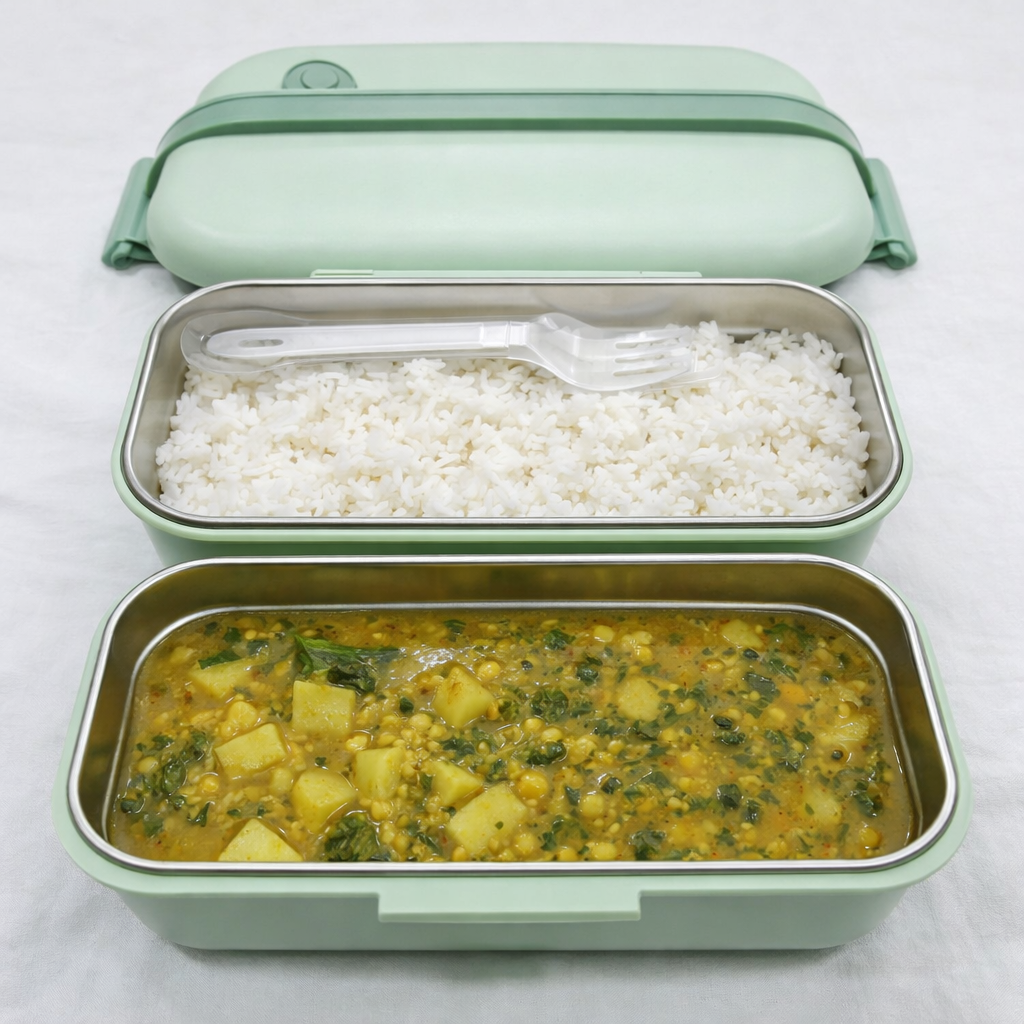 Travel Lunch Box with Handle 2 compartments (Total 900 ml) + Spoon & Fork | With Steam Vent | Leak proof lunch box