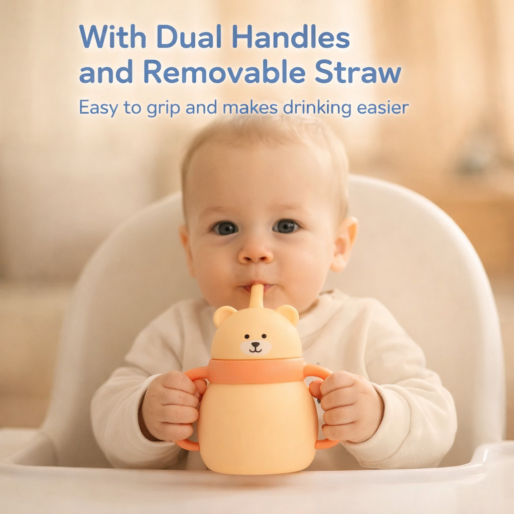 Silicone Baby Sipper Cup with Straw Yellow Teddy Bear | BPA-Free | 200ml Baby Hydration Training Cup | Baby Travel sipper | Teething Friendly