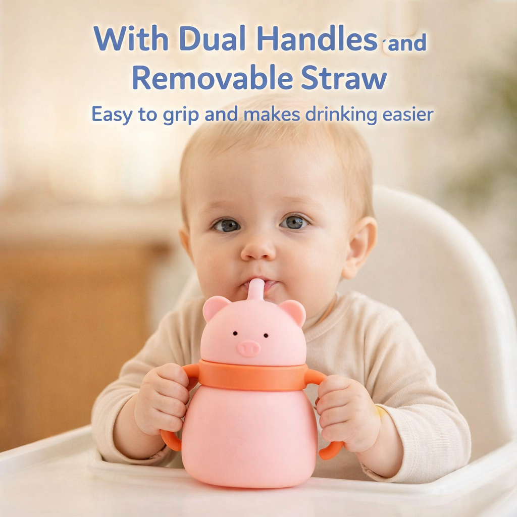 Silicone Baby Sipper Cup with Straw Pink Teddy Bear | BPA-Free | 200ml Baby Hydration Training Cup | Baby Travel sipper | Teething Friendly