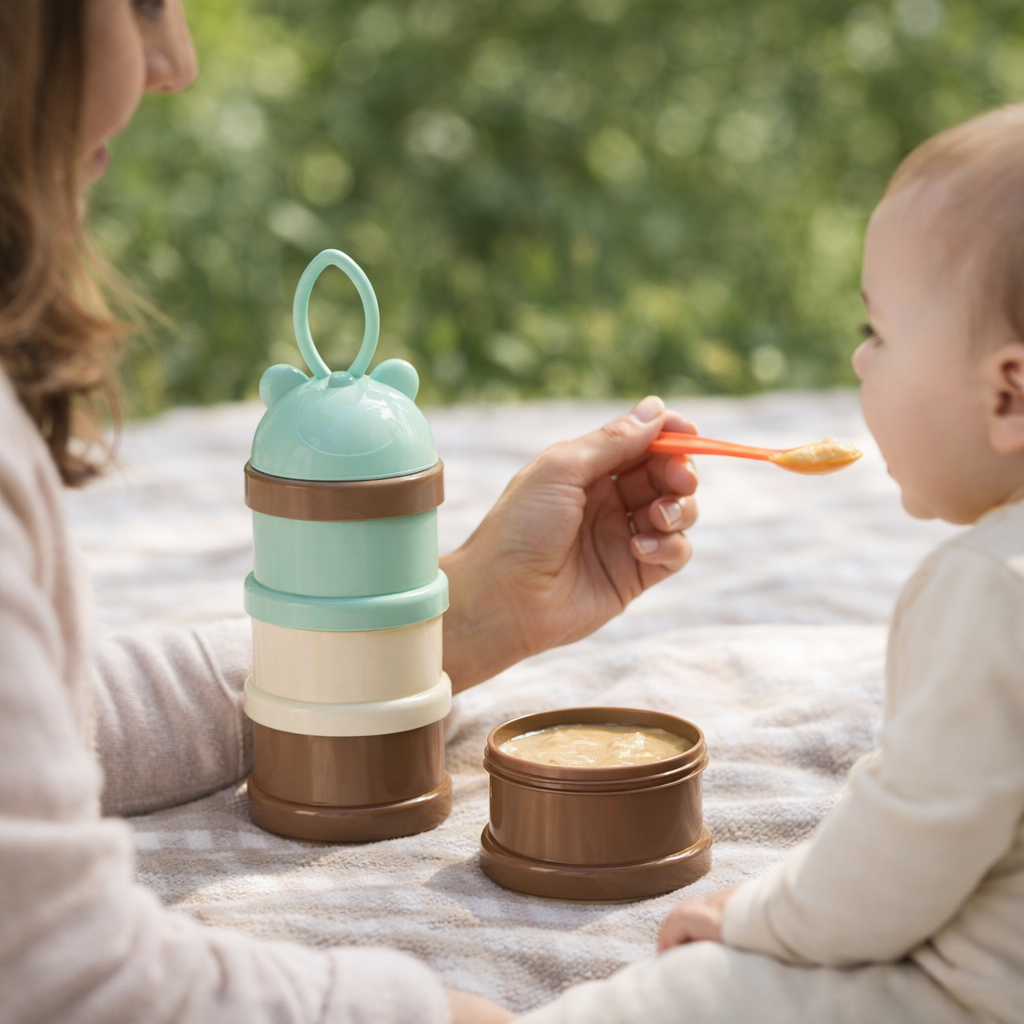 3 Layer Milk Cute Bear Portable Baby Food Milk Powder Storage Bottle Milk and Food Container, Microwavable Baby Food Box - Multicolour