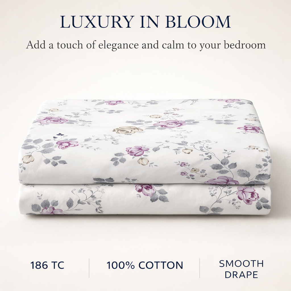 Pure Cotton Double Bedsheet | Queen Size | 186 TC (White Blue & White Pink Floral Elegance)