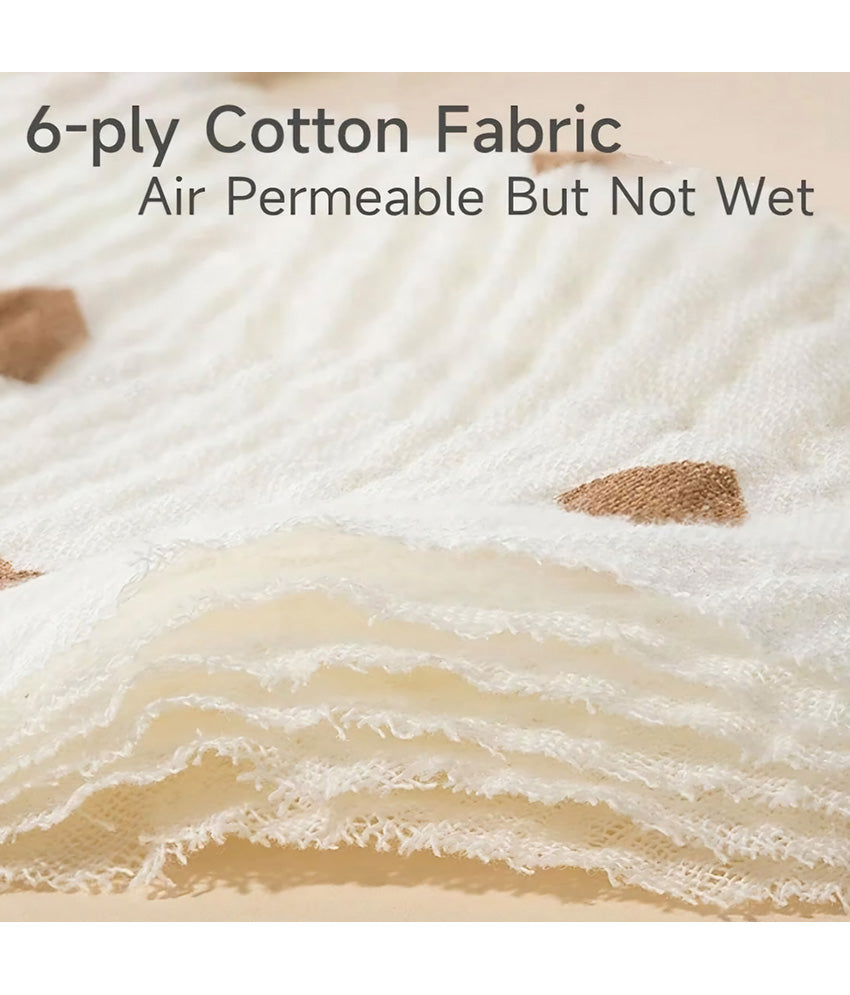 Close-up of 6-ply cotton fabric with text indicating air permeability of baby blanket