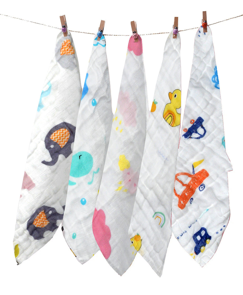 Set of five baby burp cloths with colorful animal and vehicle patterns