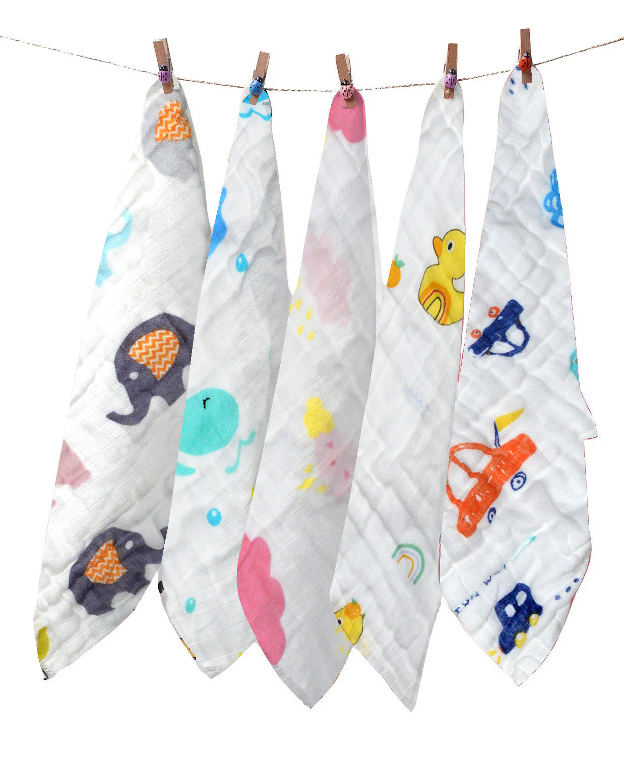 Set of five baby burp cloths with colorful animal and vehicle patterns