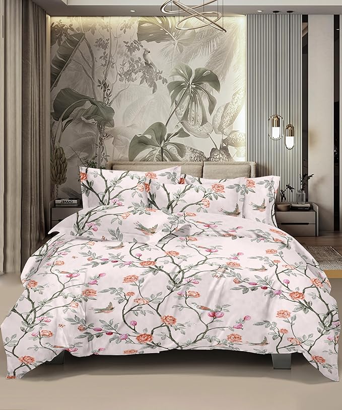Glaze Cotton King Size Bedsheet | 300 TC Petal Pathways Green/Red