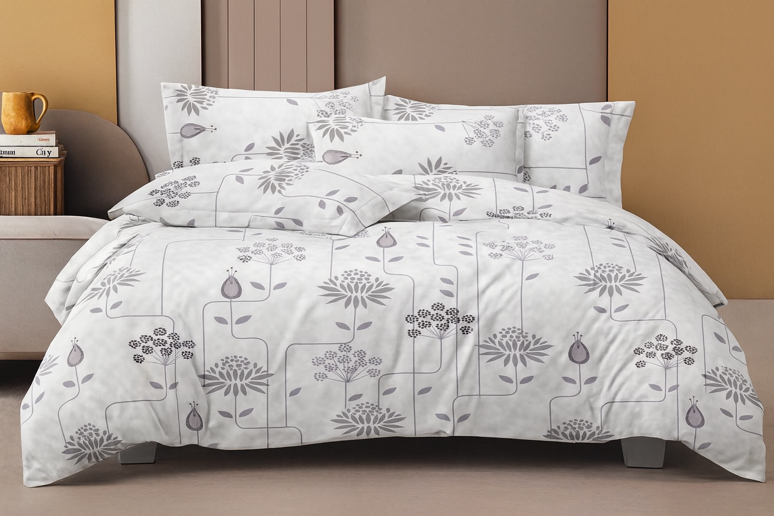 Pure Cotton Double Bedsheet | Queen Size | 186 TC (White Floral Geometrical Pattern)