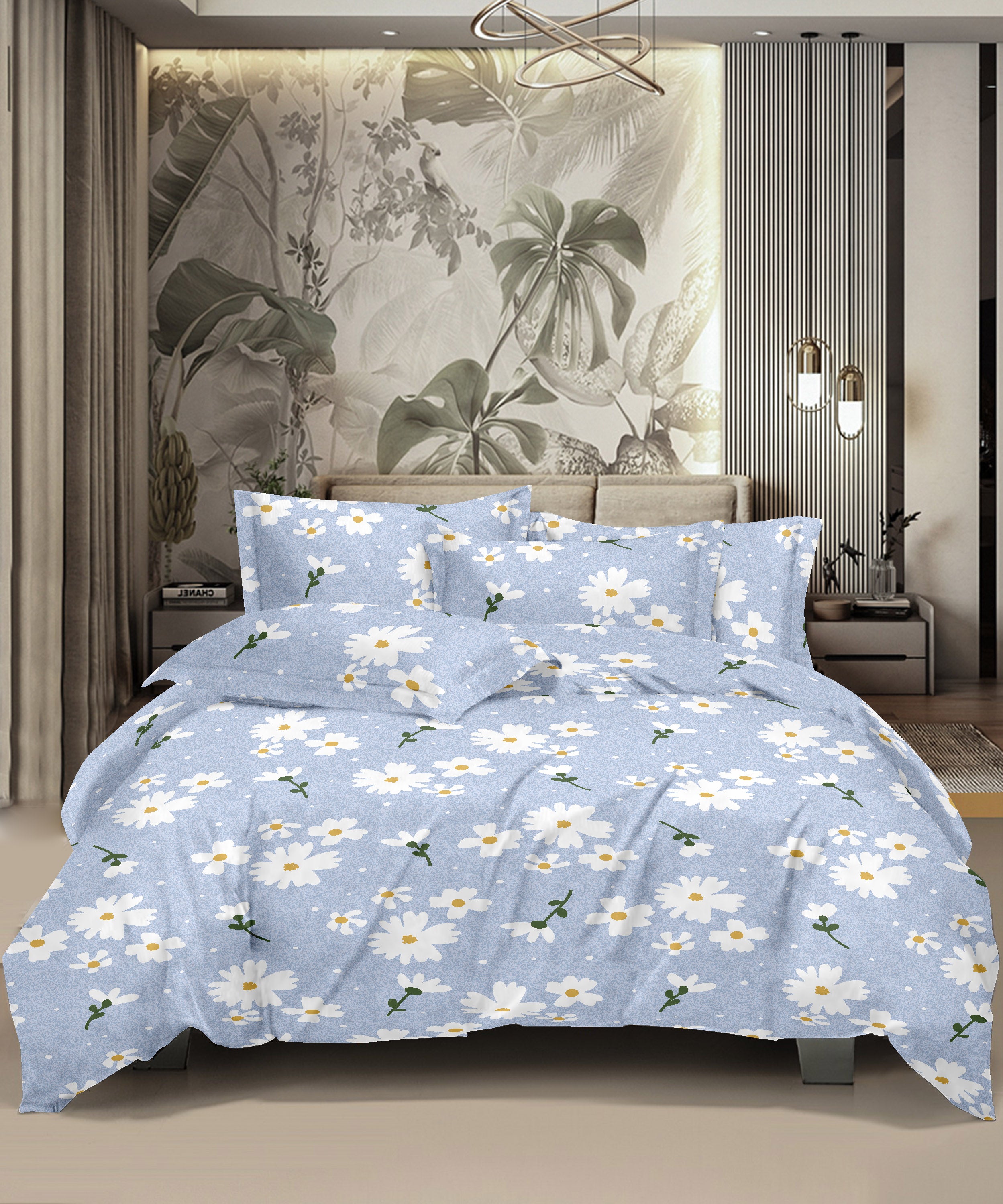 Summer Blue Floral Glaze Cotton Double Bedsheet | 300 TC | Queen Size
