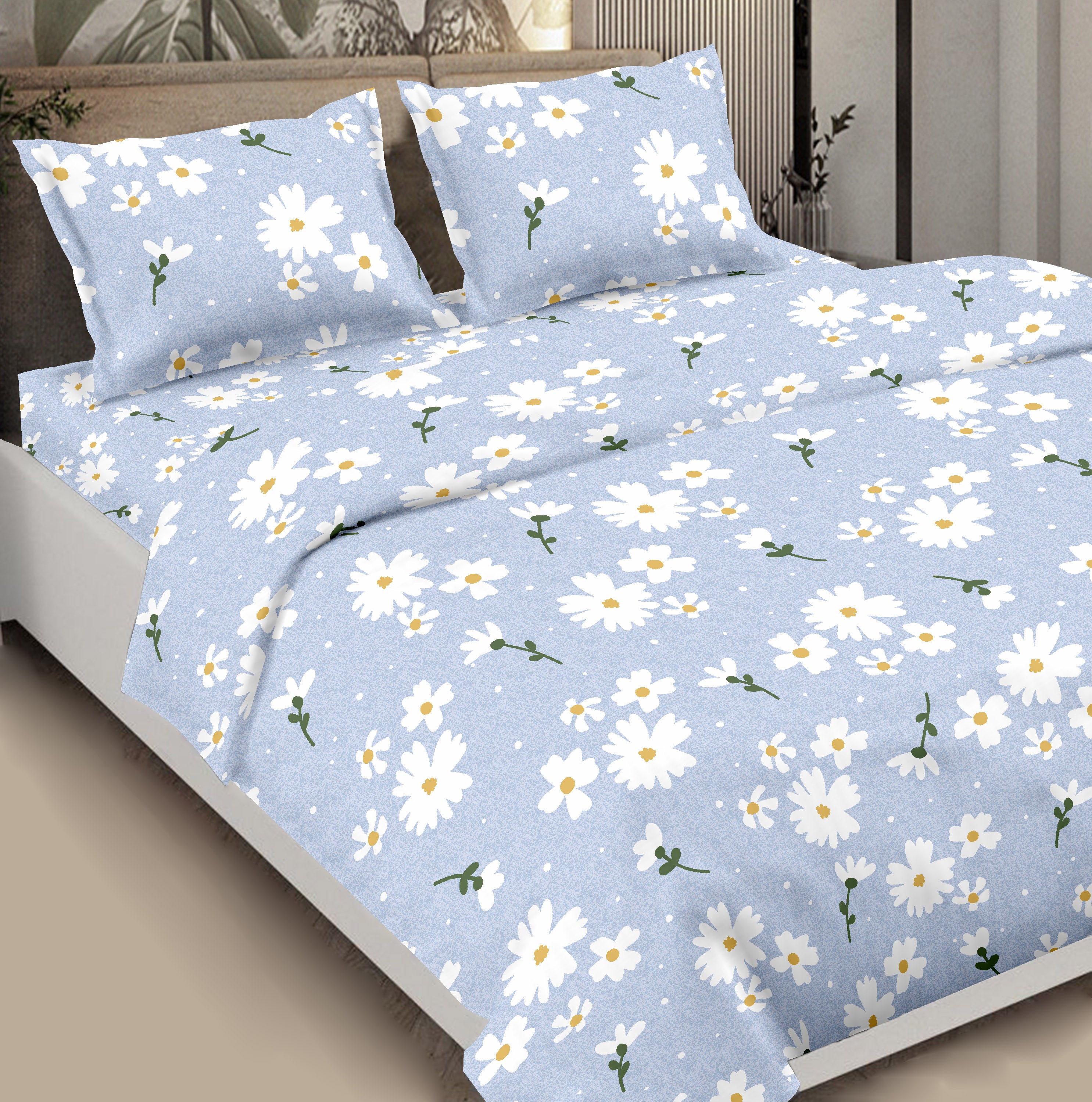 Summer Blue Floral Glaze Cotton Double Bedsheet | 300 TC | Queen Size