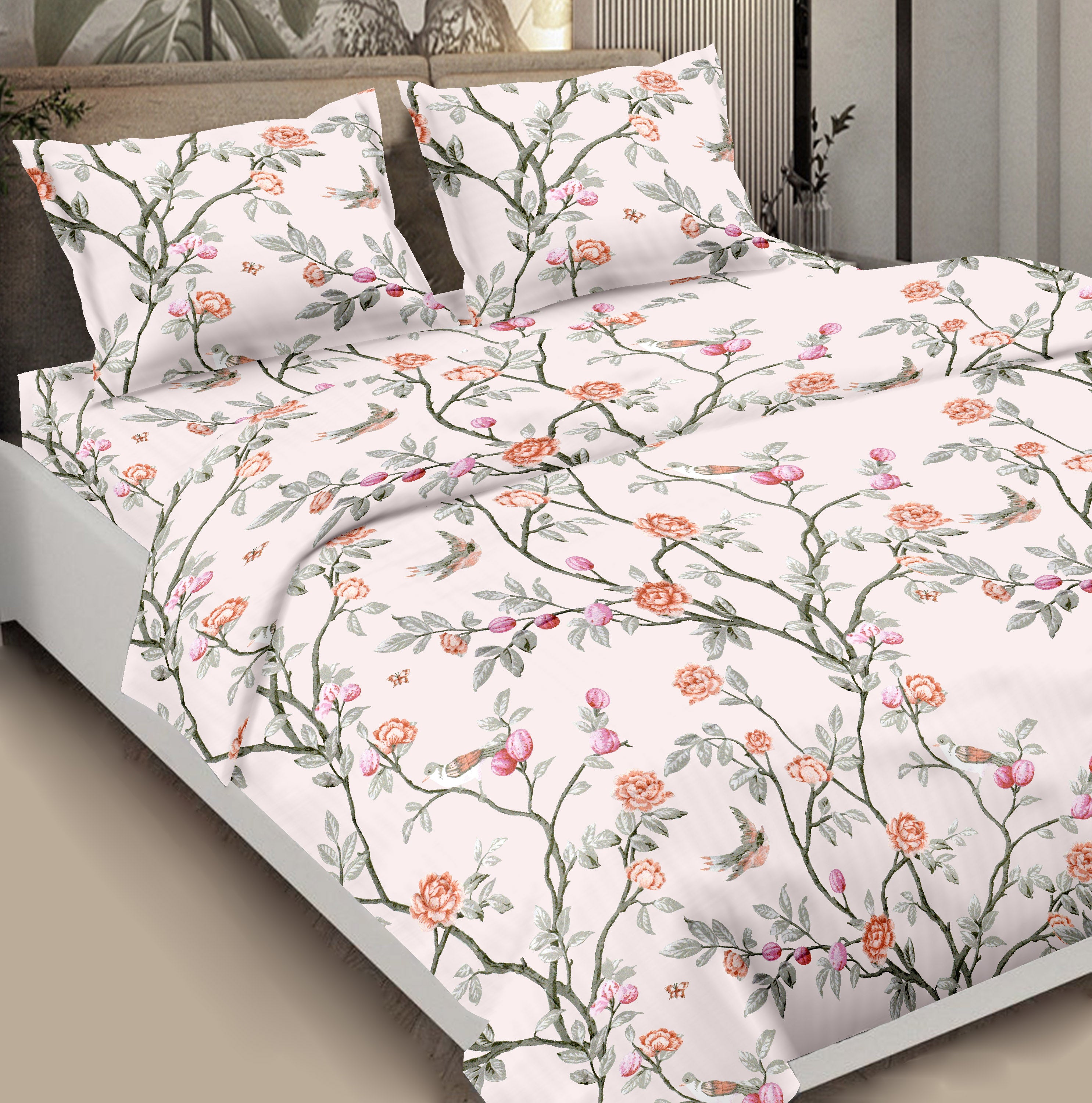 Glaze Cotton King & Queen Size Bedsheet | 300 TC Petal Pathways Green & Red