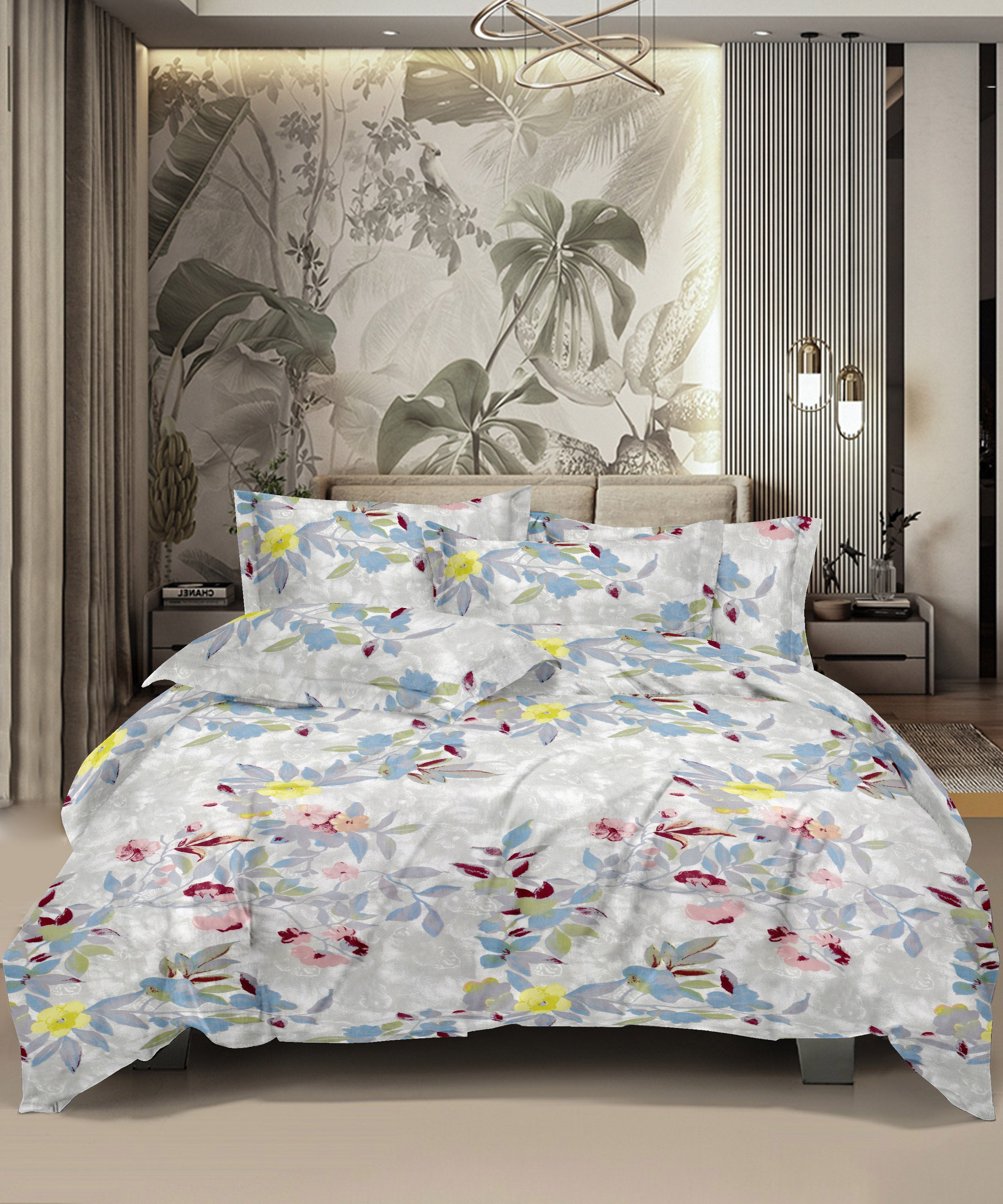 Fall Leaves Glaze Cotton Bedsheet Double Bed Grey Color | 300 TC | Queen Size