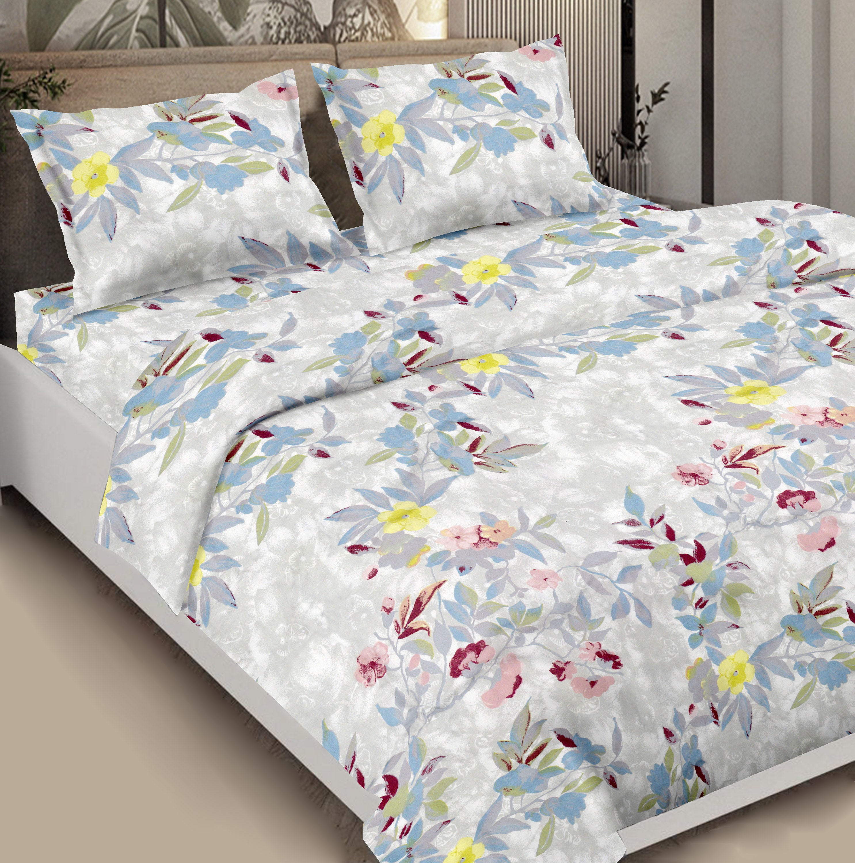 Fall Leaves Glaze Cotton Bedsheet Double Bed Grey Color | 300 TC | Queen Size