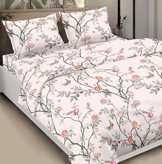 Glaze Cotton King Size Bedsheet | 300 TC Petal Pathways Green/Red