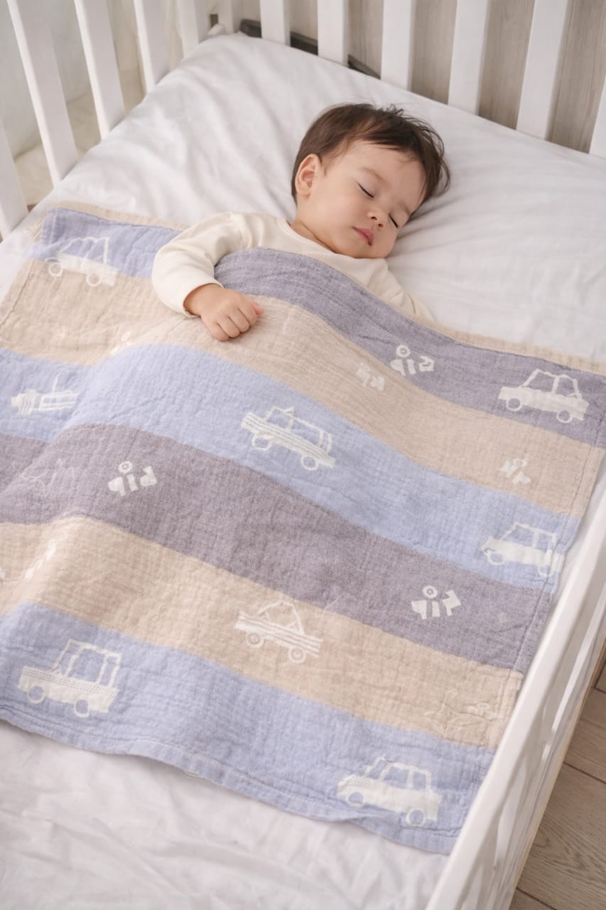Blue White Car Print New Born Baby Blanket | 100% Cotton Multipurpose Blanket for Babies