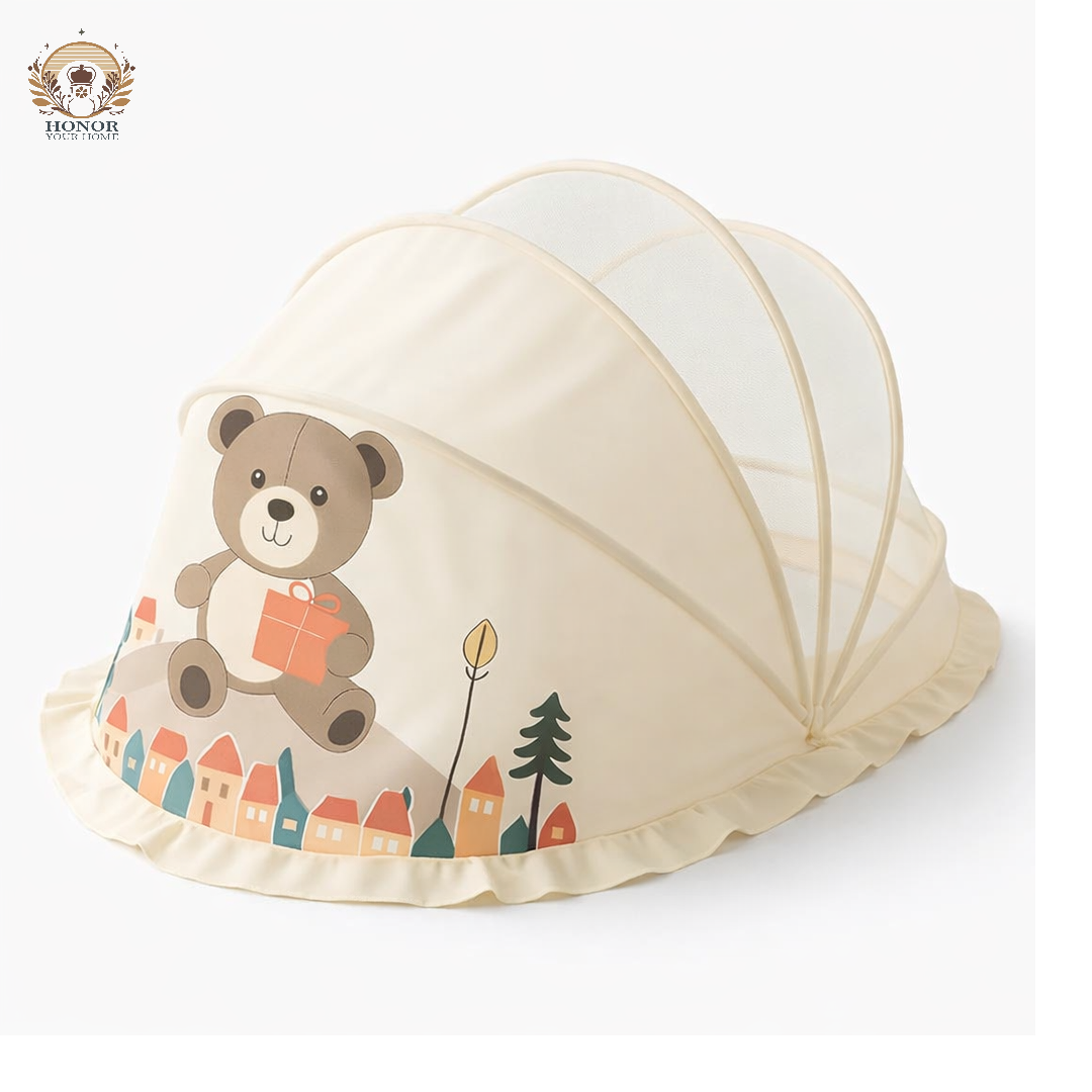 Beige Baby Foldable Mosquito Net Tent (Quick-Open, Breathable Mesh) | 130 × 65 × 65 cm