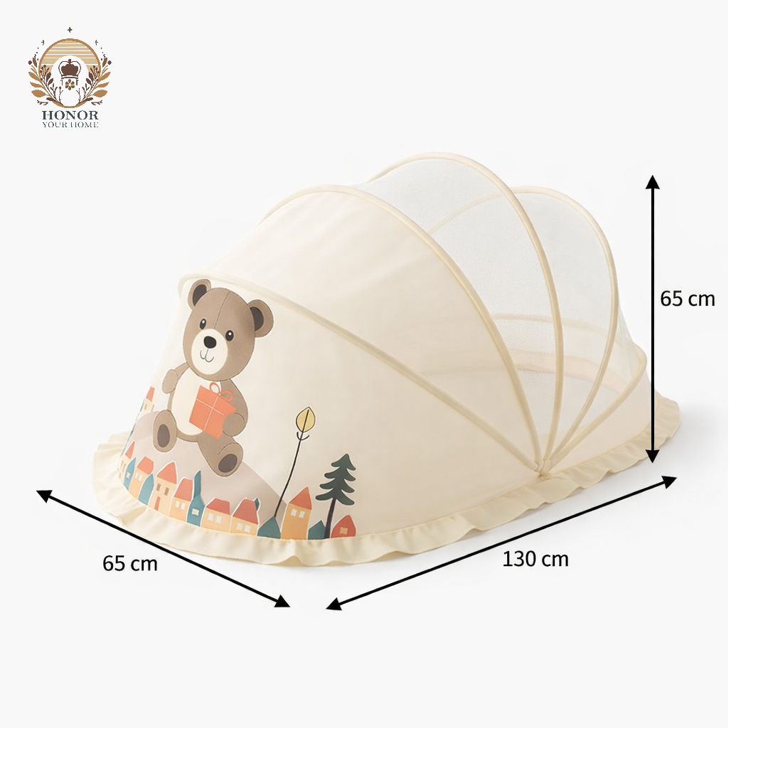 Beige Baby Foldable Mosquito Net Tent (Quick-Open, Breathable Mesh) | 130 × 65 × 65 cm