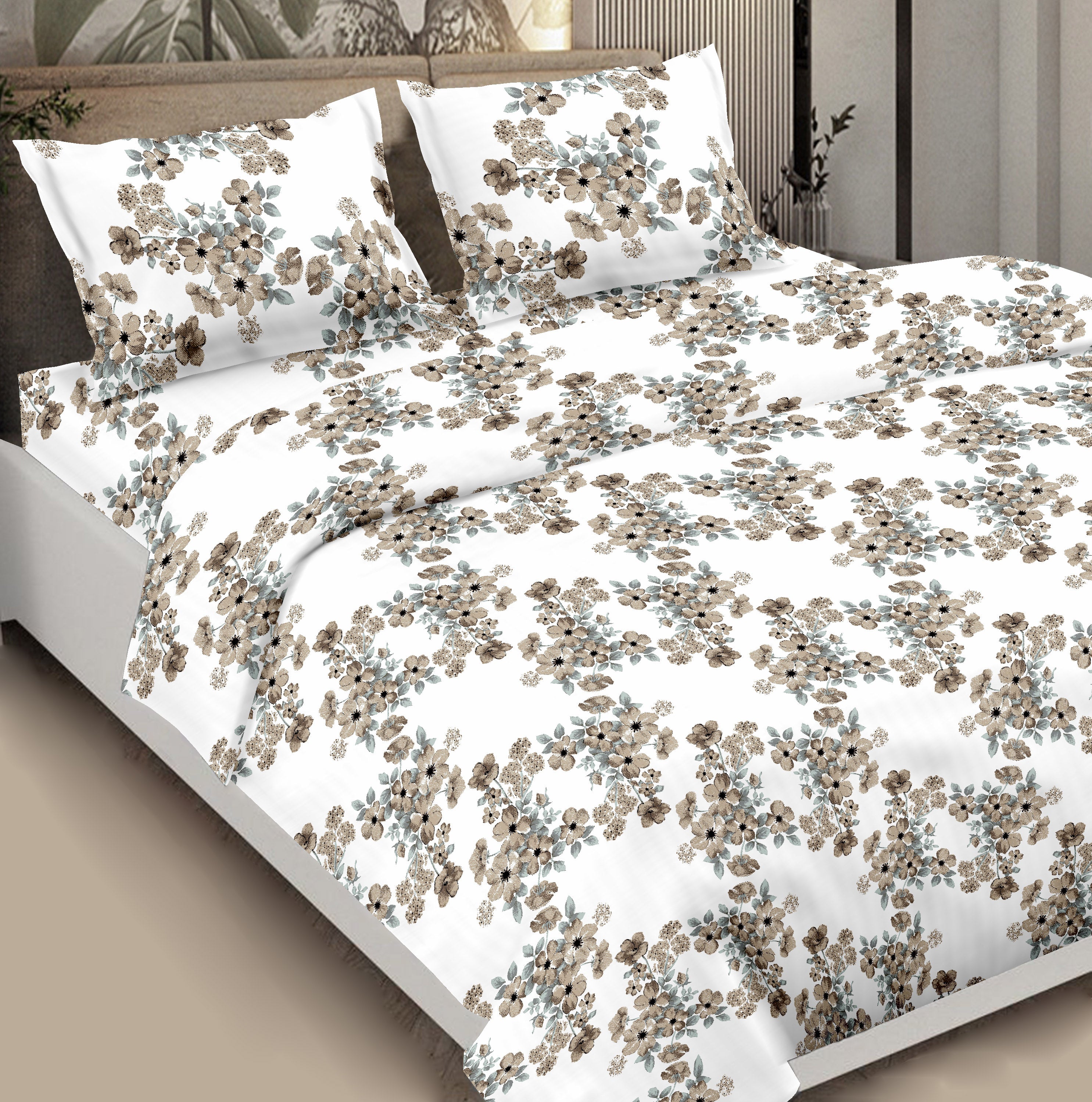 Brown Floral Cotton Bedsheet Queen Size
