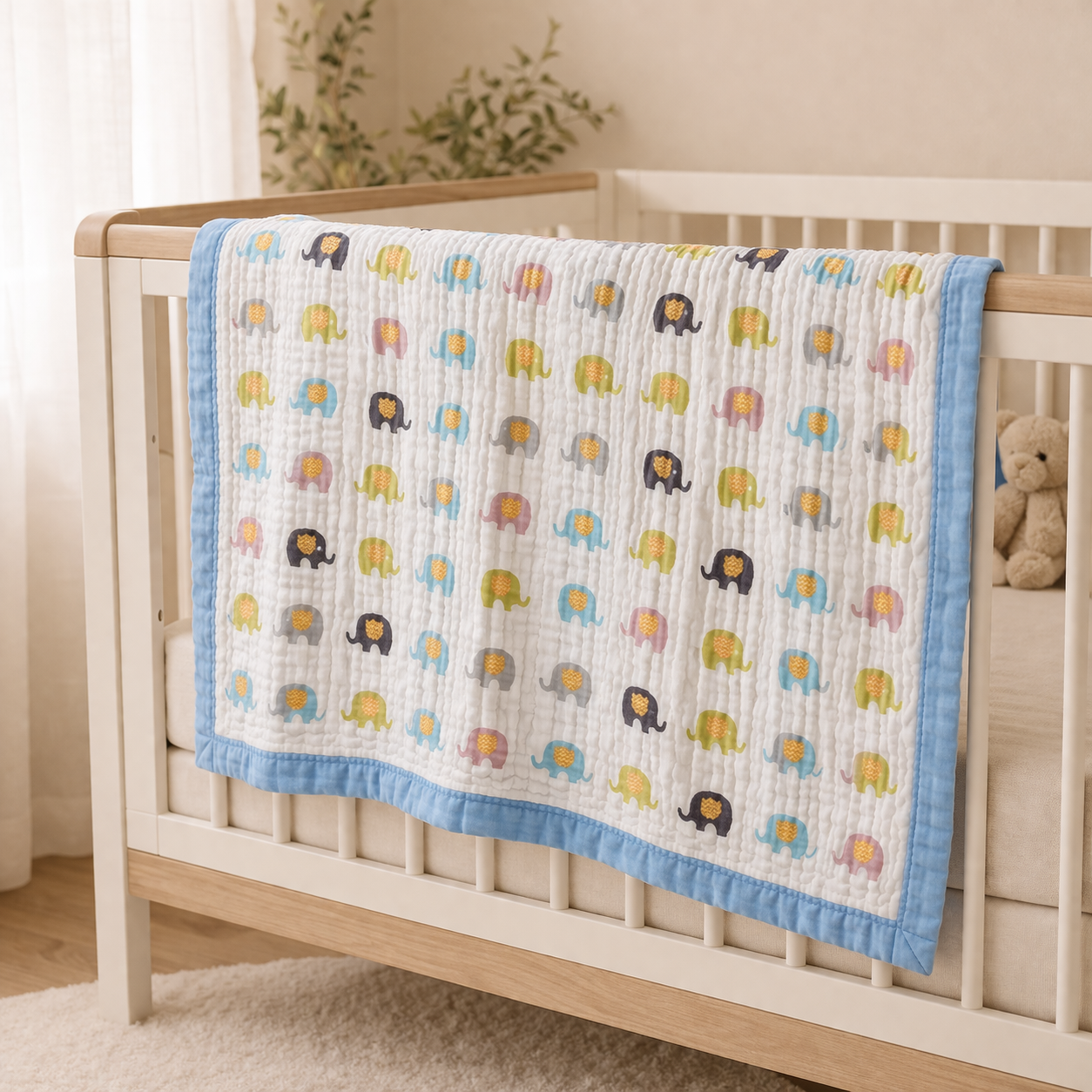 Elephant Print Muslin Baby Blanket | 6-Layer 100% Cotton | Soft & Breathable