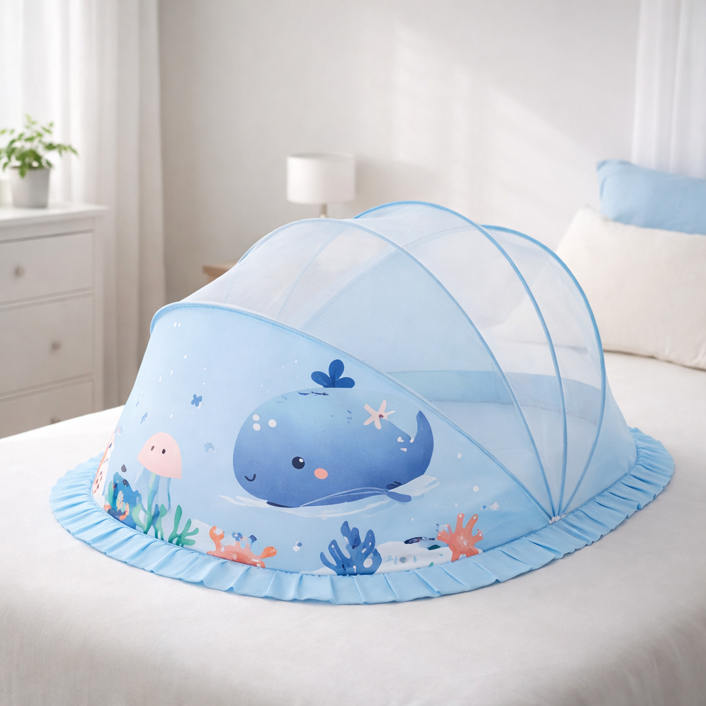 Blue Baby Foldable Mosquito Net Tent (Quick-Open, Breathable Mesh) | 130 × 65 × 65 cm