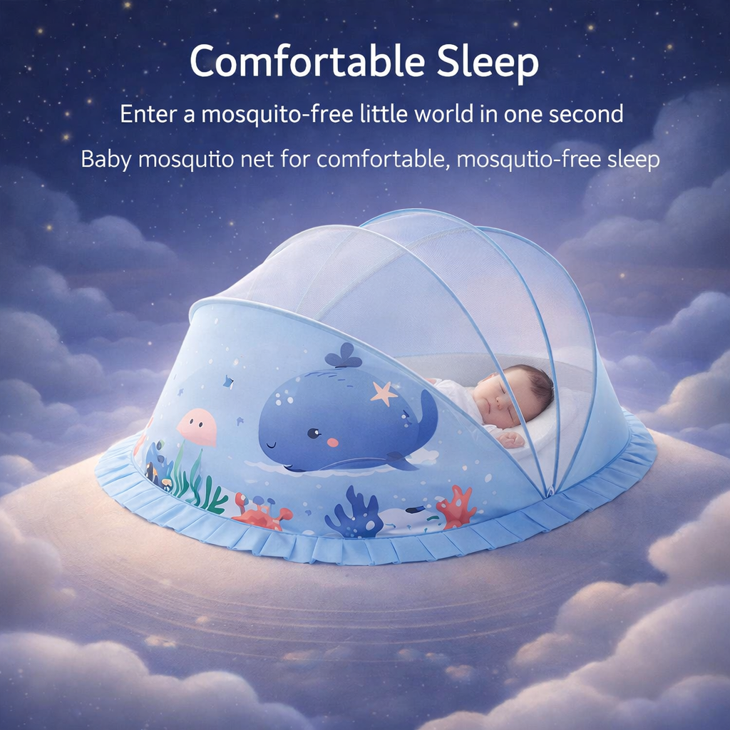 Blue Baby Foldable Mosquito Net Tent (Quick-Open, Breathable Mesh) | 130 × 65 × 65 cm