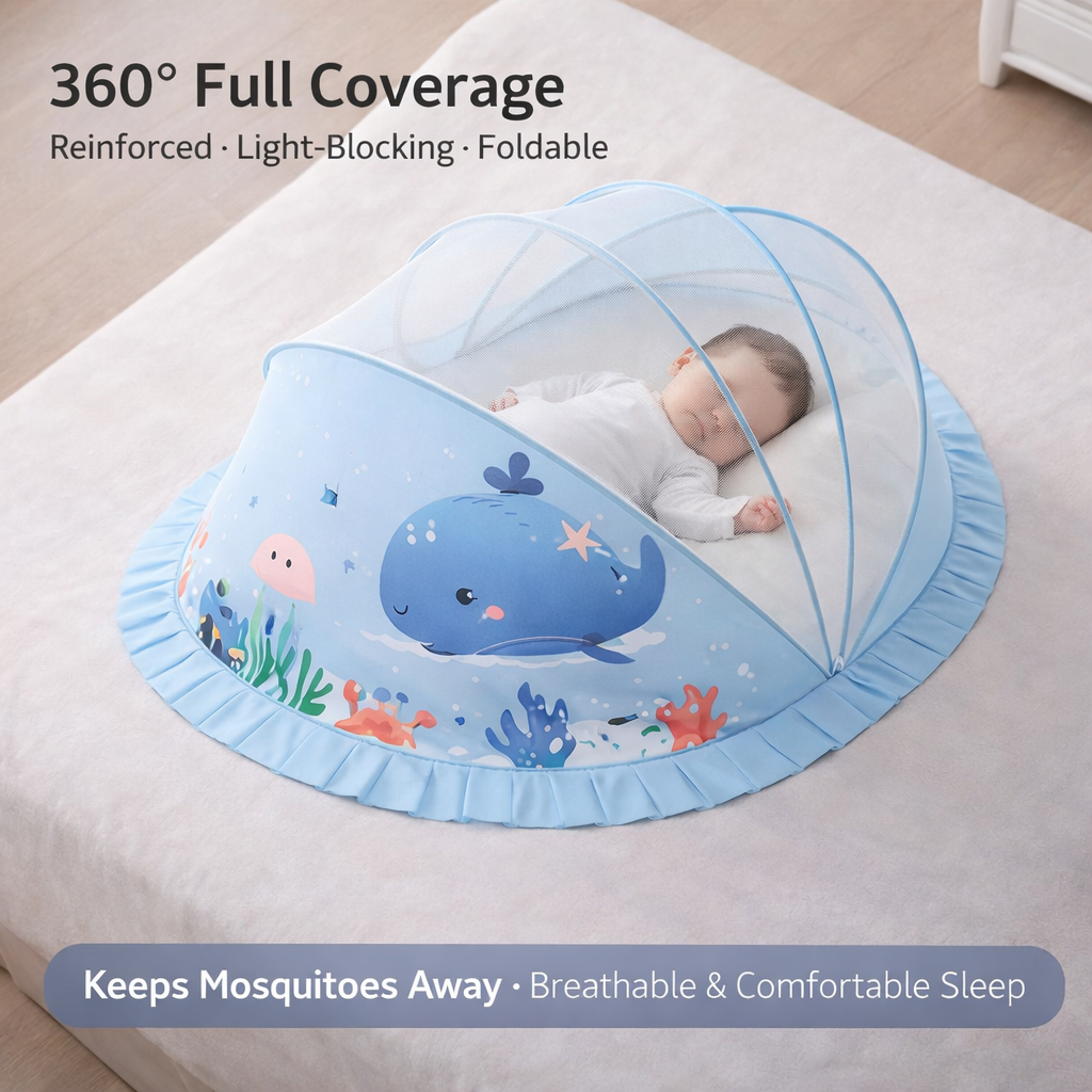 Blue Baby Foldable Mosquito Net Tent (Quick-Open, Breathable Mesh) | 130 × 65 × 65 cm