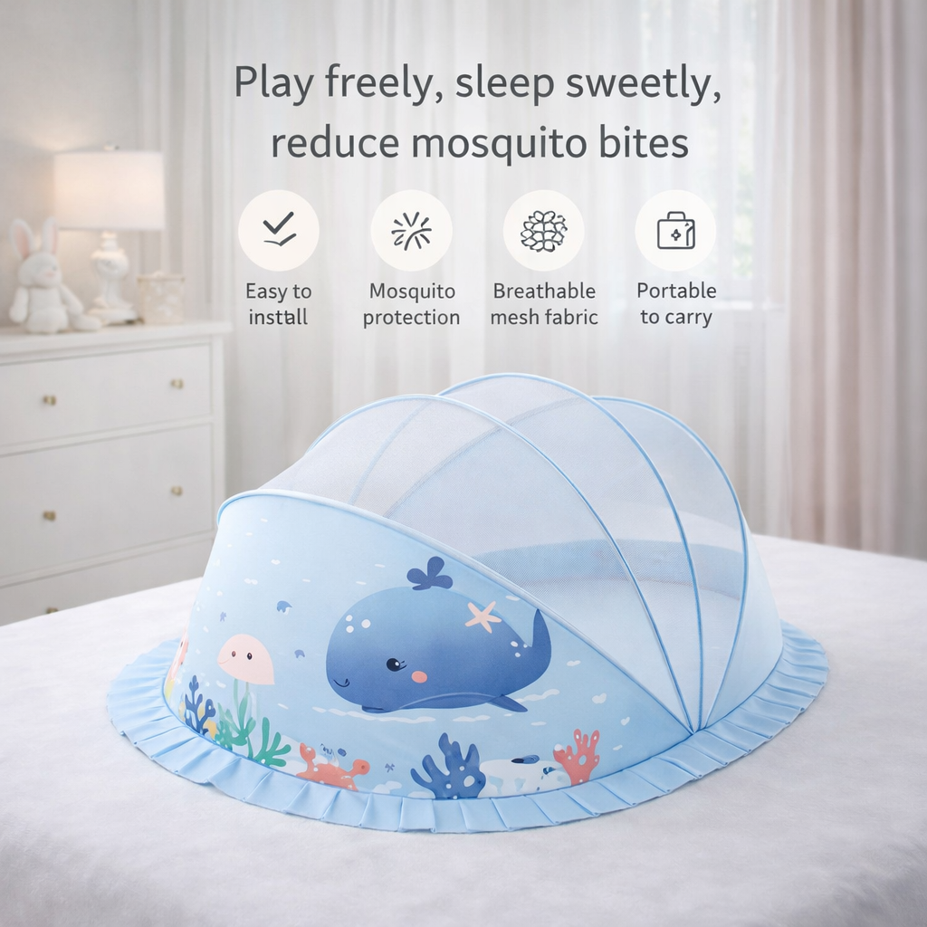 Blue Baby Foldable Mosquito Net Tent (Quick-Open, Breathable Mesh) | 130 × 65 × 65 cm