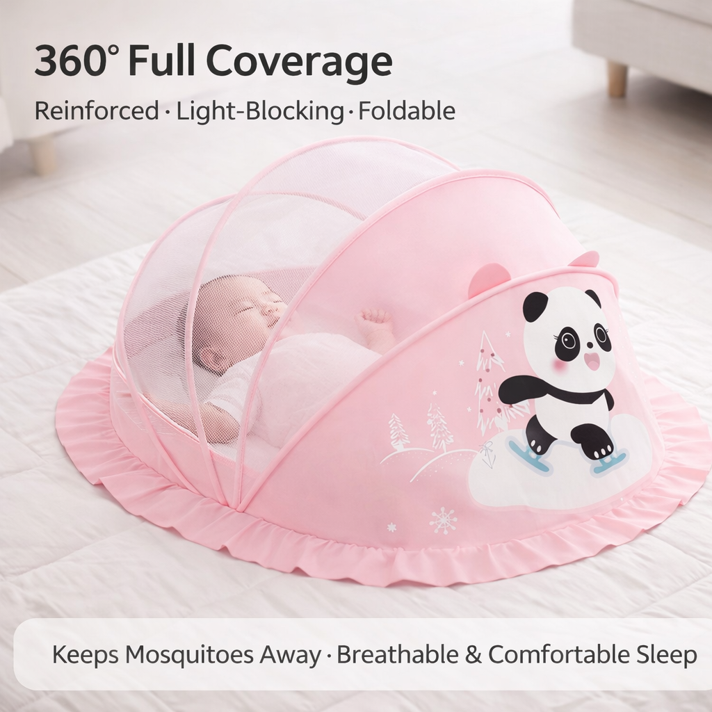 Pink Panda Baby Foldable Mosquito Net Tent (Quick-Open, Breathable Mesh) | 130 × 65 × 65 cm