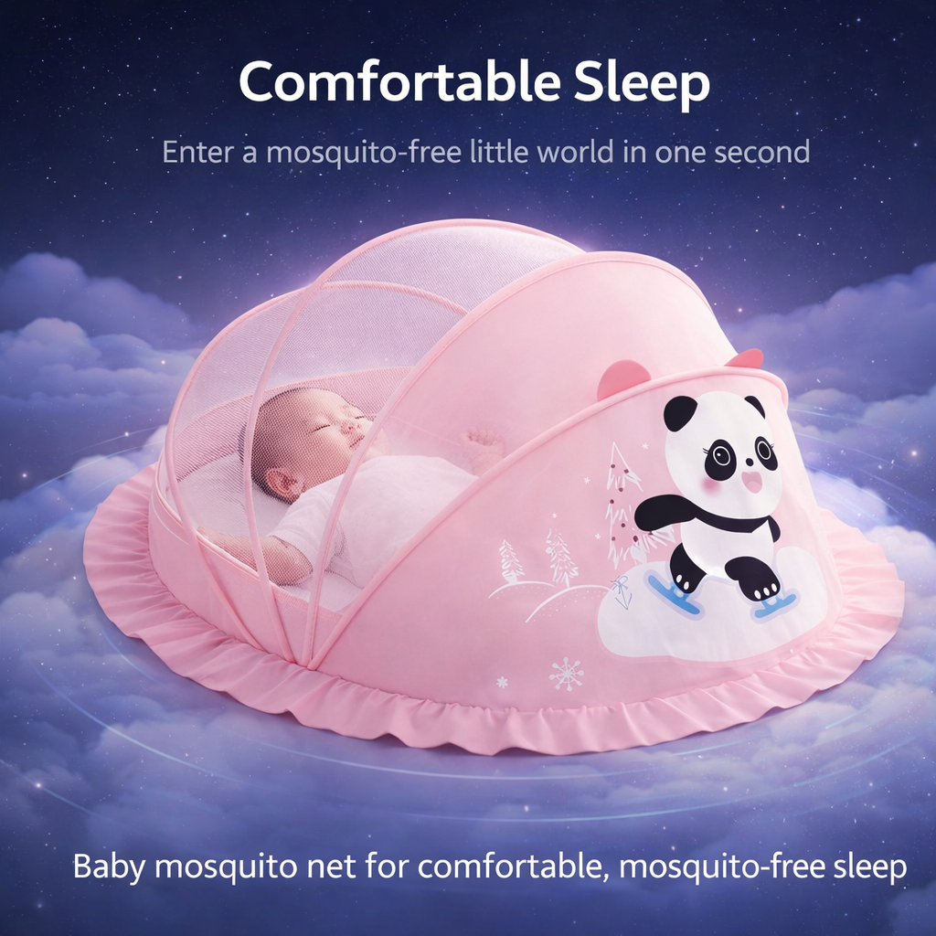 Pink Panda Baby Foldable Mosquito Net Tent (Quick-Open, Breathable Mesh) | 130 × 65 × 65 cm