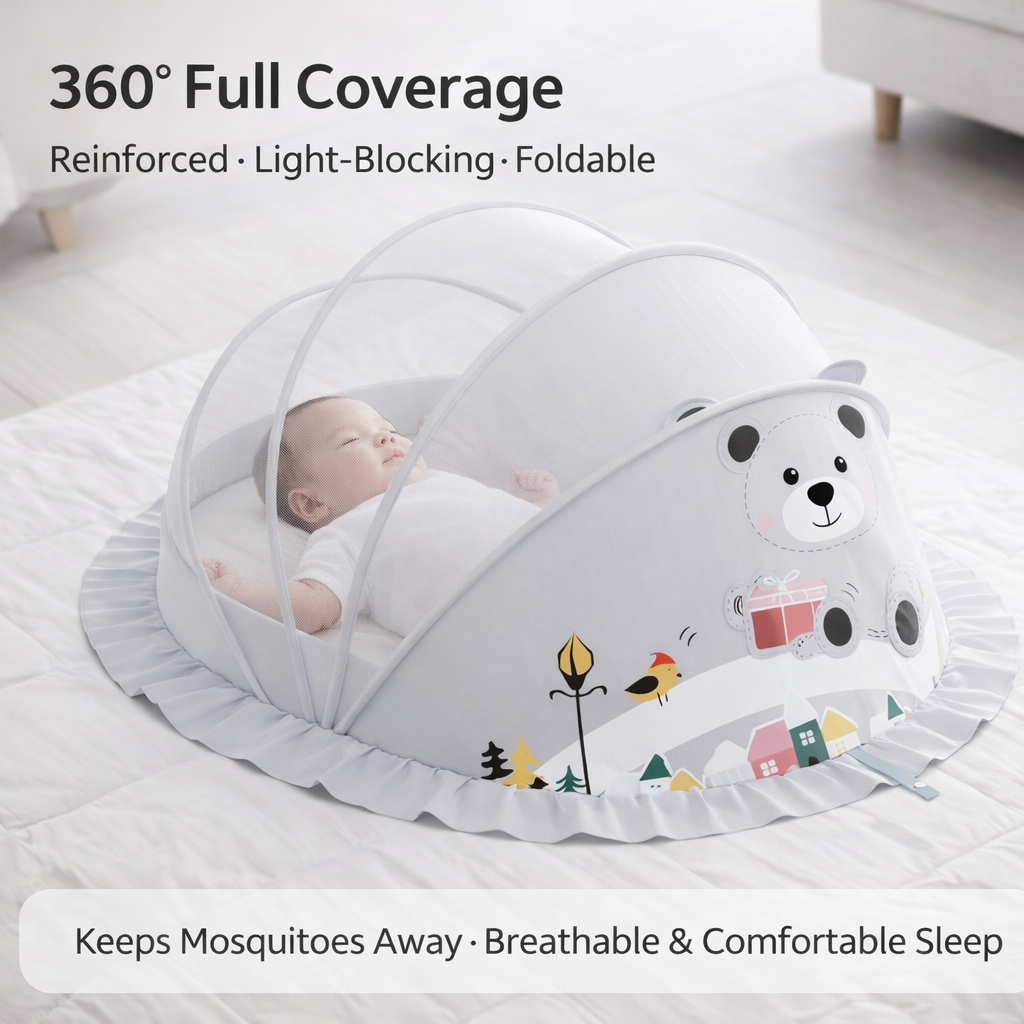 Grey Panda Baby Foldable Mosquito Net Tent (Quick-Open, Breathable Mesh) | 130 × 65 × 65 cm