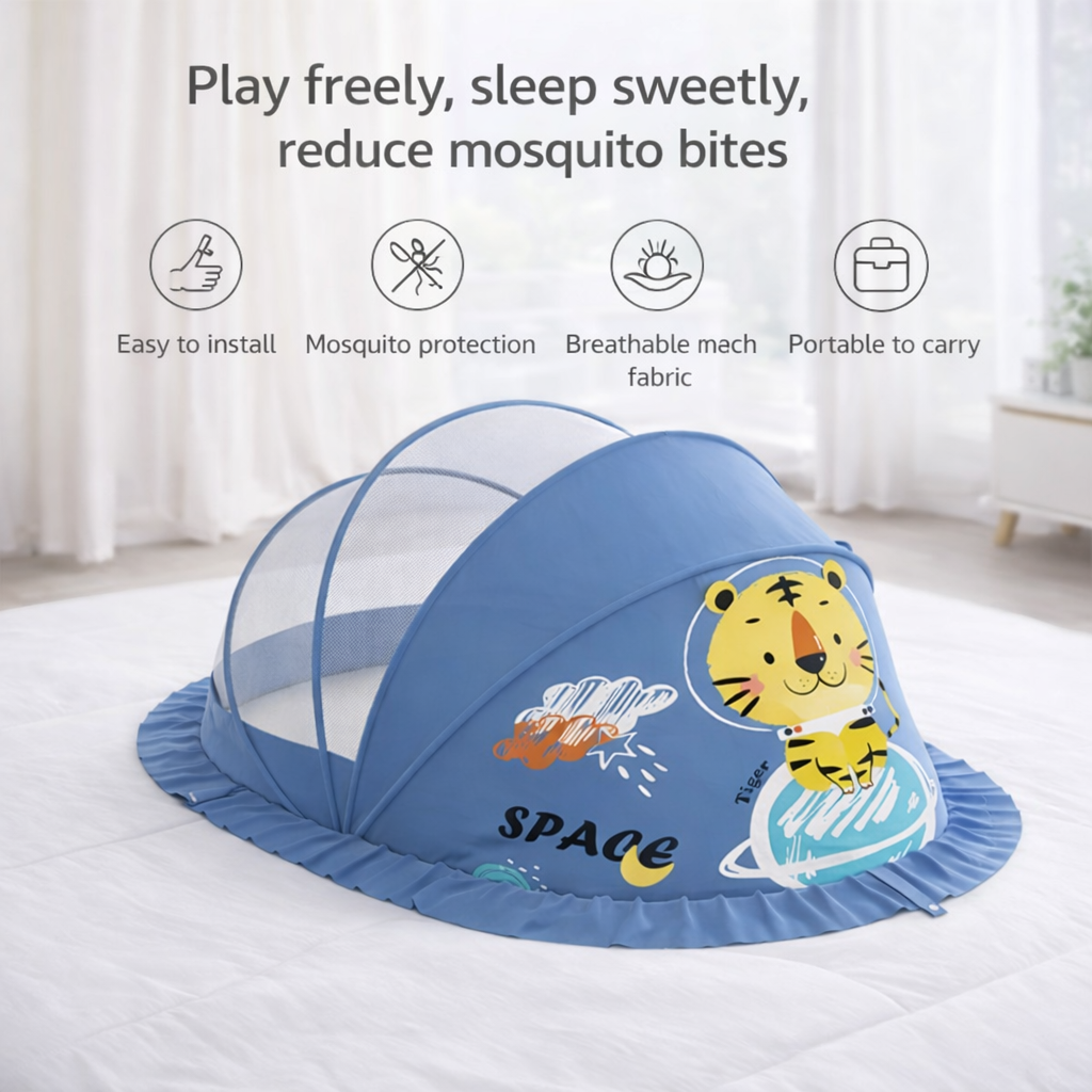 Navy Blue Baby Foldable Mosquito Net Tent (Quick-Open, Breathable Mesh) | 130 × 65 × 65 cm