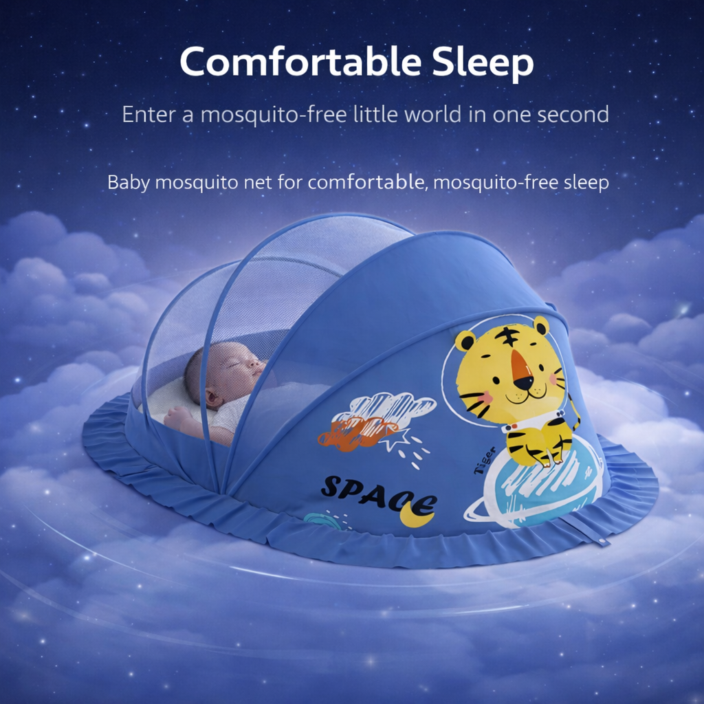 Navy Blue Baby Foldable Mosquito Net Tent (Quick-Open, Breathable Mesh) | 130 × 65 × 65 cm