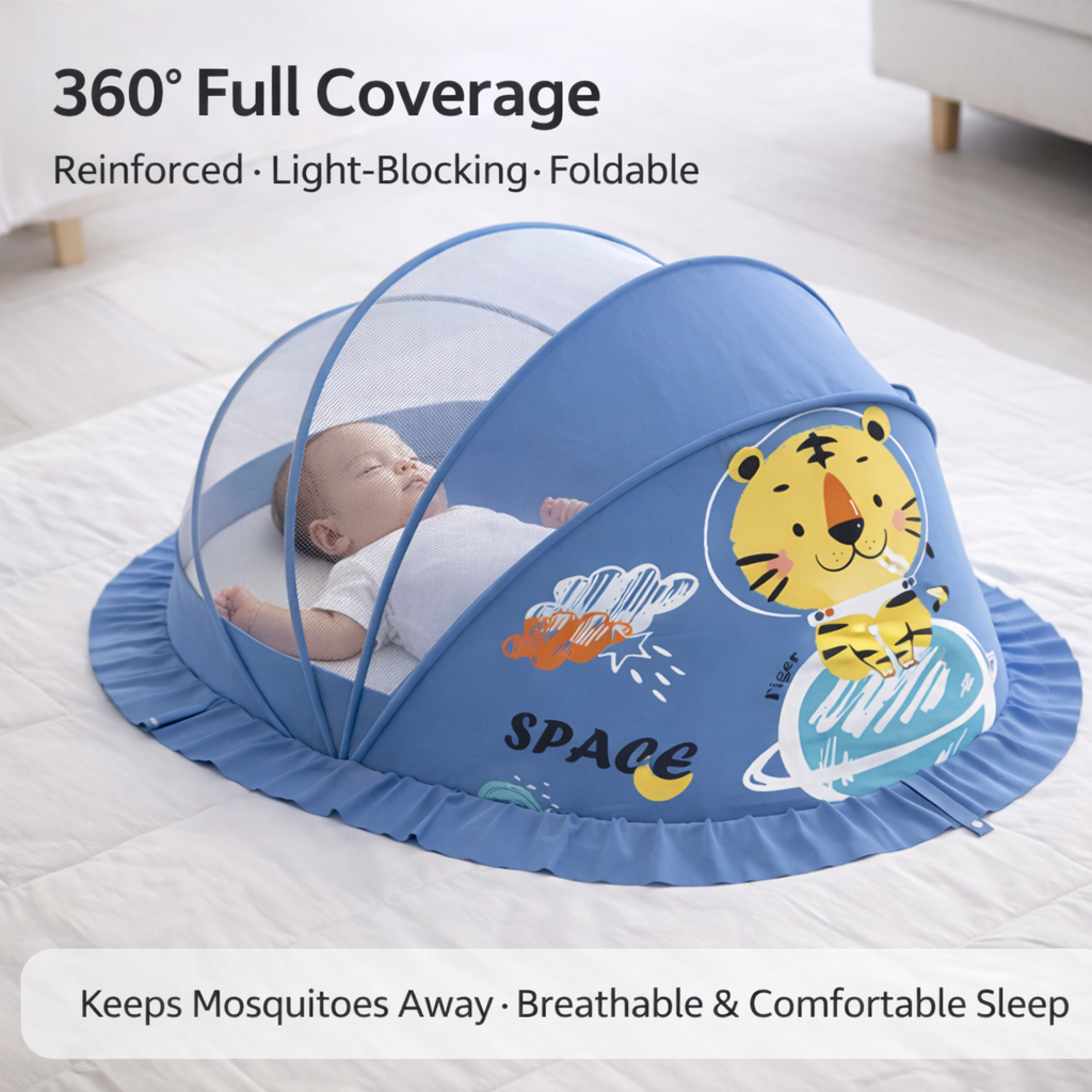 Navy Blue Baby Foldable Mosquito Net Tent (Quick-Open, Breathable Mesh) | 130 × 65 × 65 cm