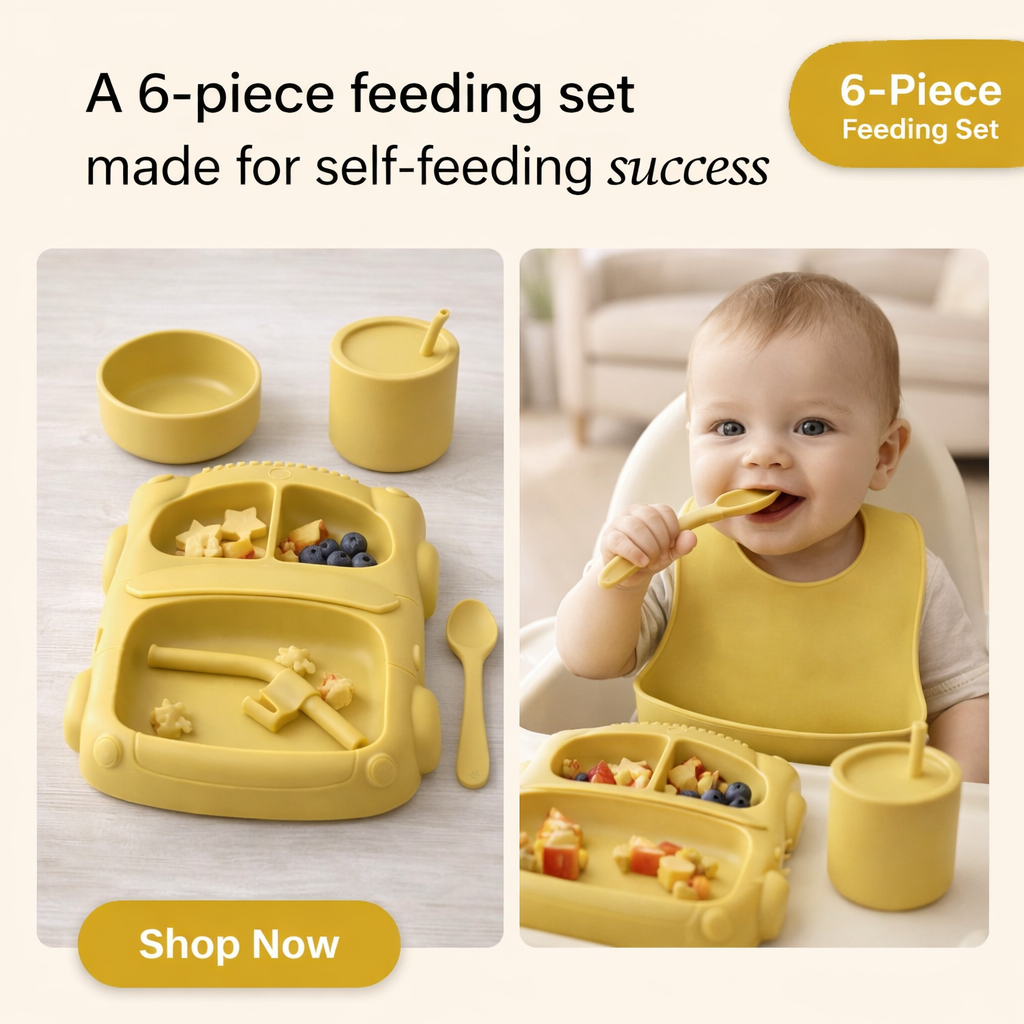 Silicone Baby Feeding Set (Yellow) | Plate + Bowl + Bib + Straw Cup + Spoon + Fork | BPA-Free | Spill Proof | Mess-Reducing Mealtime Kit