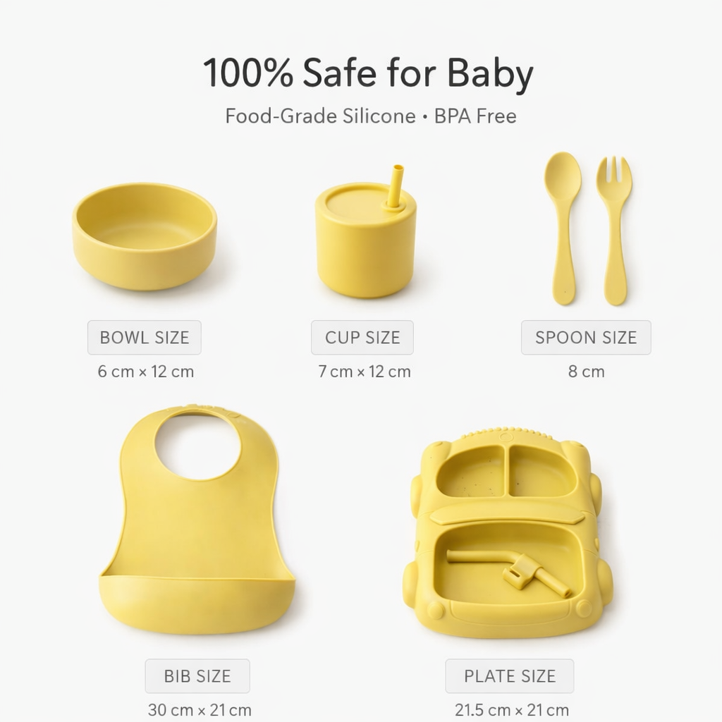 Silicone Baby Feeding Set (Yellow) | Plate + Bowl + Bib + Straw Cup + Spoon + Fork | BPA-Free | Spill Proof | Mess-Reducing Mealtime Kit