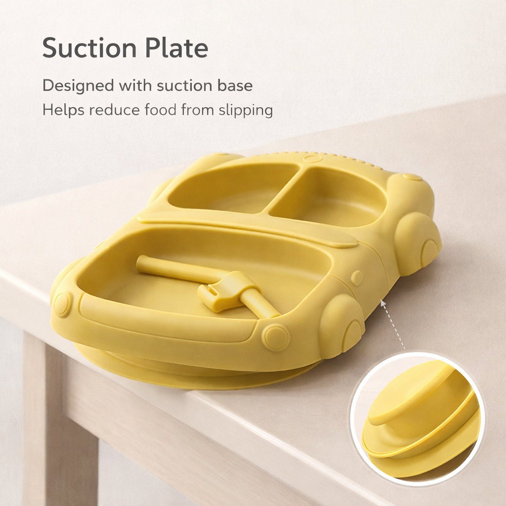 Silicone Baby Feeding Set (Yellow) | Plate + Bowl + Bib + Straw Cup + Spoon + Fork | BPA-Free | Spill Proof | Mess-Reducing Mealtime Kit