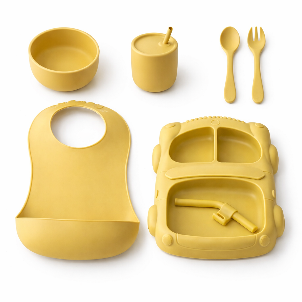 Silicone Baby Feeding Set (Yellow) | Plate + Bowl + Bib + Straw Cup + Spoon + Fork | BPA-Free | Spill Proof | Mess-Reducing Mealtime Kit