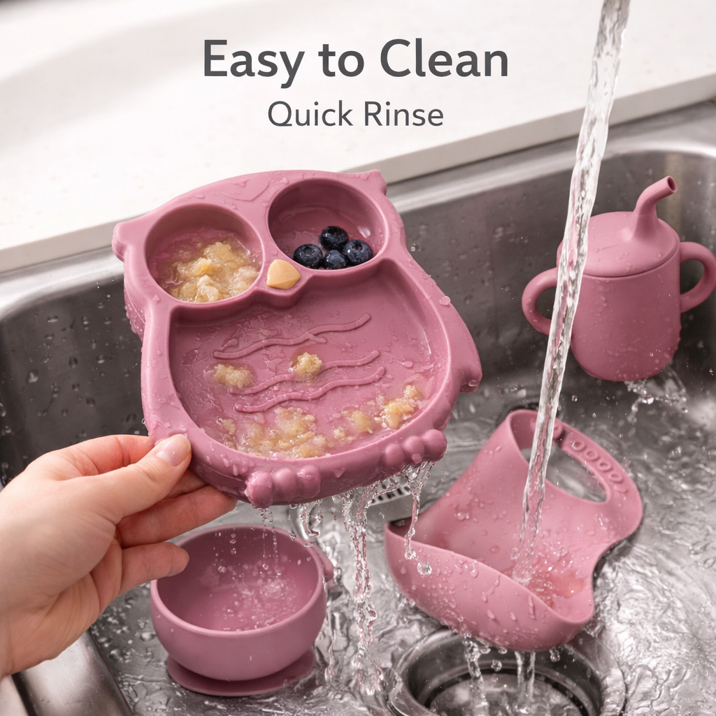 Silicone Baby Feeding Set (Pink) | Plate + Bowl + Bib + Straw Cup + Spoon + Fork | BPA-Free | Mess-Reducing Mealtime Kit