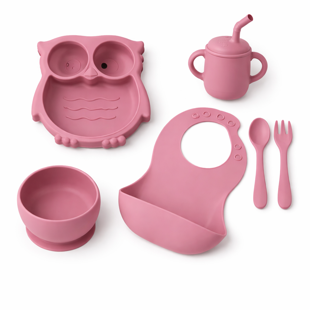 Silicone Baby Feeding Set (Pink) | Plate + Bowl + Bib + Straw Cup + Spoon + Fork | BPA-Free | Mess-Reducing Mealtime Kit
