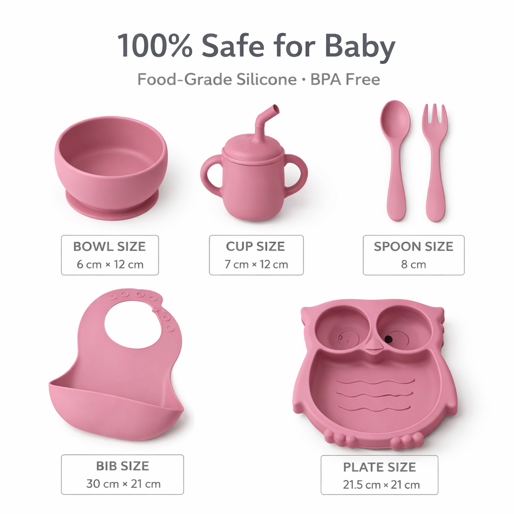 Silicone Baby Feeding Set (Pink) | Plate + Bowl + Bib + Straw Cup + Spoon + Fork | BPA-Free | Mess-Reducing Mealtime Kit