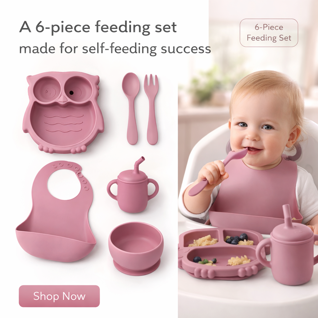 Silicone Baby Feeding Set (Pink) | Plate + Bowl + Bib + Straw Cup + Spoon + Fork | BPA-Free | Mess-Reducing Mealtime Kit