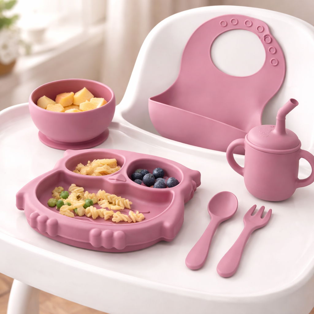 Silicone Baby Feeding Set (Pink) | Plate + Bowl + Bib + Straw Cup + Spoon + Fork | BPA-Free | Mess-Reducing Mealtime Kit