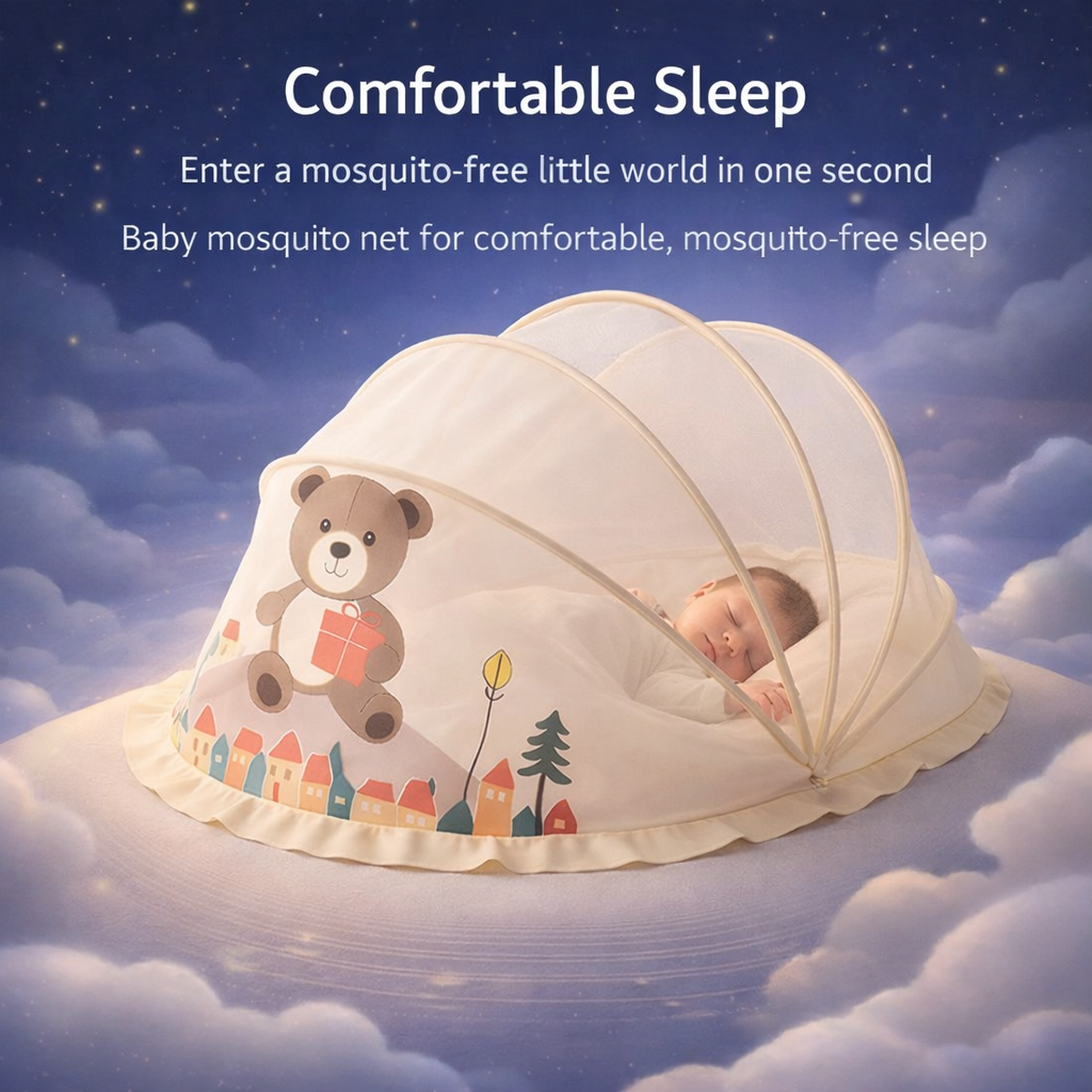 Beige Baby Foldable Mosquito Net Tent (Quick-Open, Breathable Mesh) | 130 × 65 × 65 cm