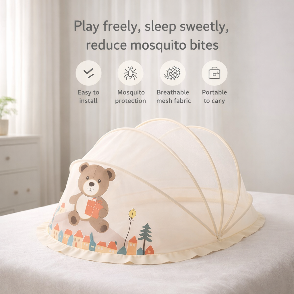 Beige Baby Foldable Mosquito Net Tent (Quick-Open, Breathable Mesh) | 130 × 65 × 65 cm