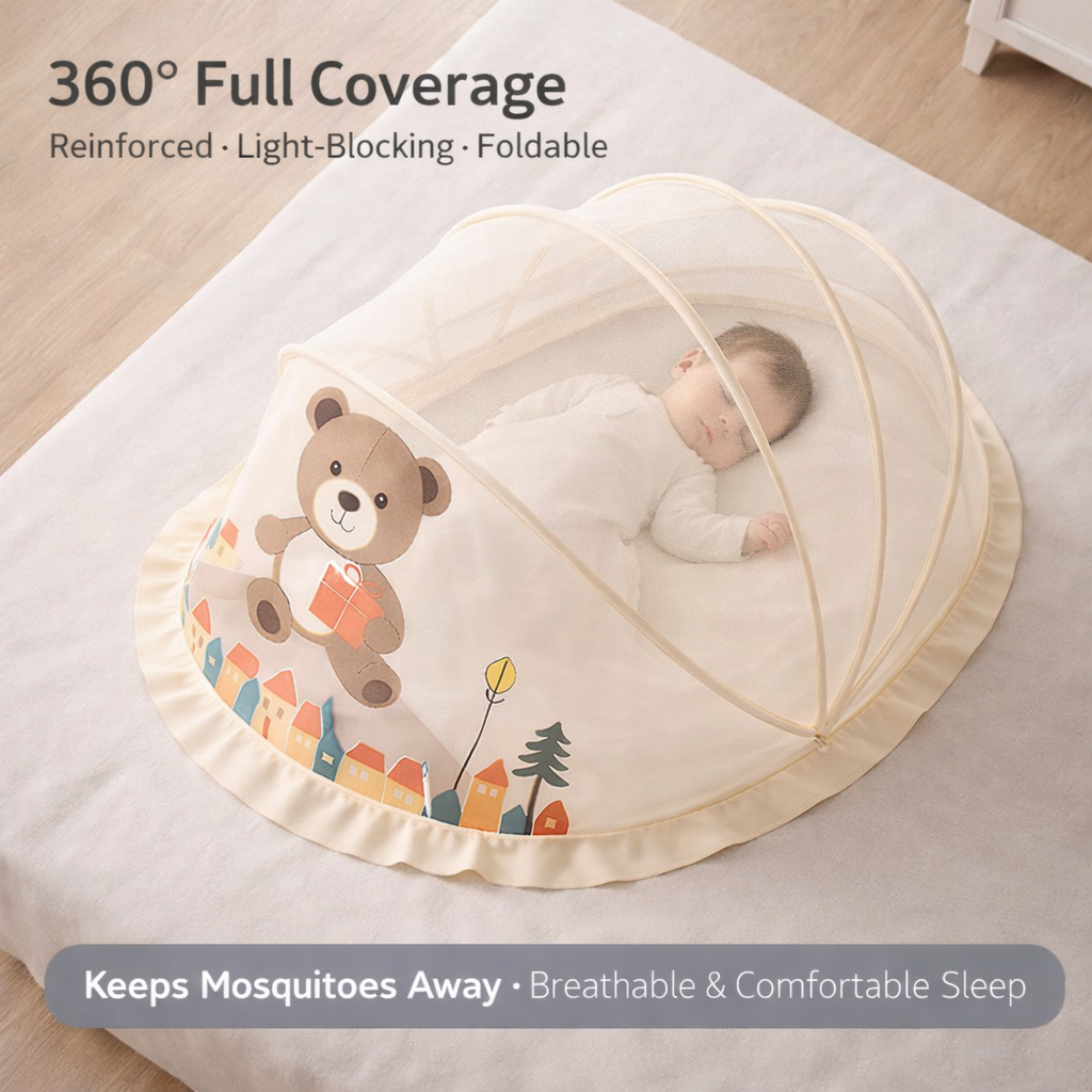 Beige Baby Foldable Mosquito Net Tent (Quick-Open, Breathable Mesh) | 130 × 65 × 65 cm