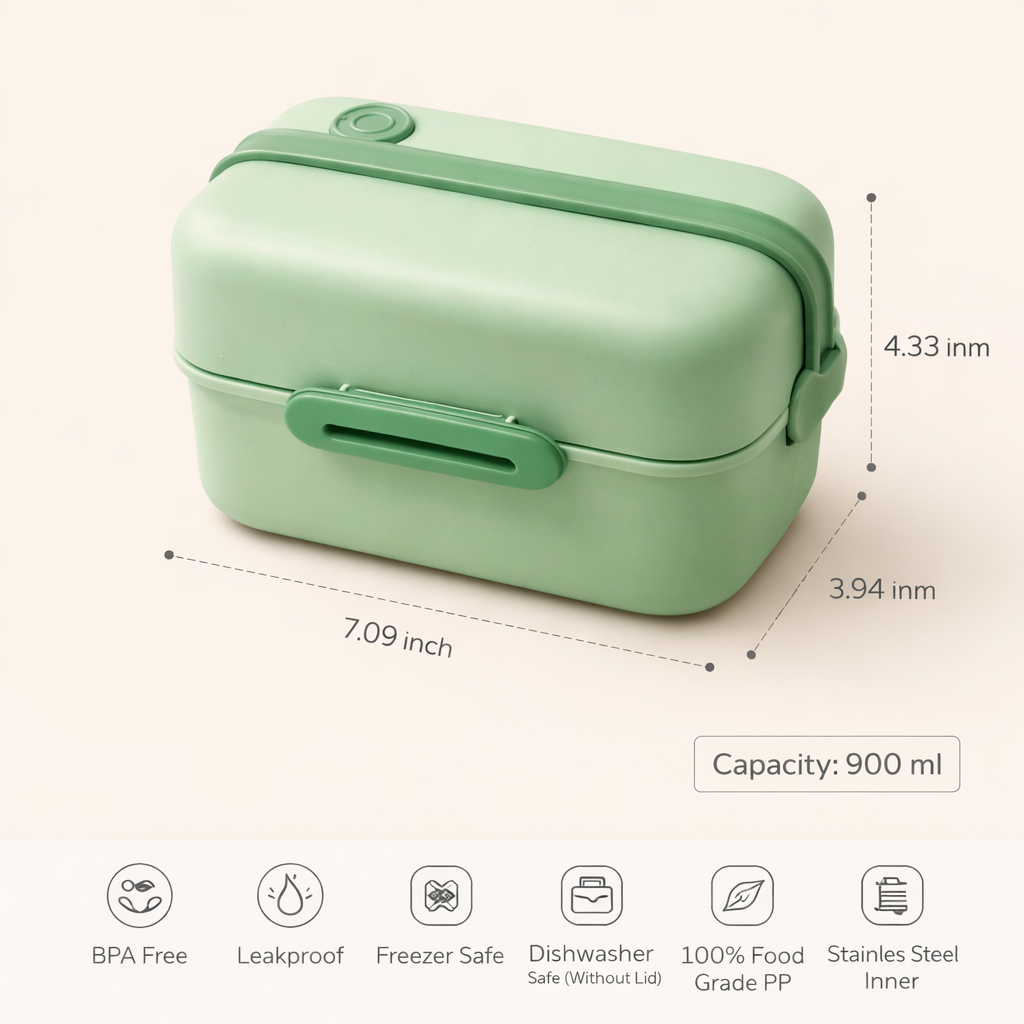 Travel Lunch Box with Handle 2 compartments (Total 900 ml) + Spoon & Fork | With Steam Vent | Leak proof lunch box