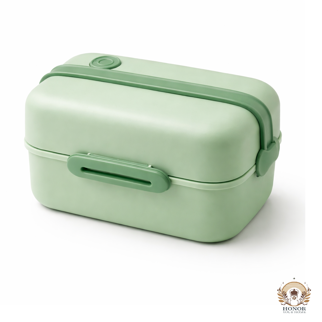 Travel Lunch Box with Handle 2 compartments (Total 900 ml) + Spoon & Fork | With Steam Vent | Leak proof lunch box