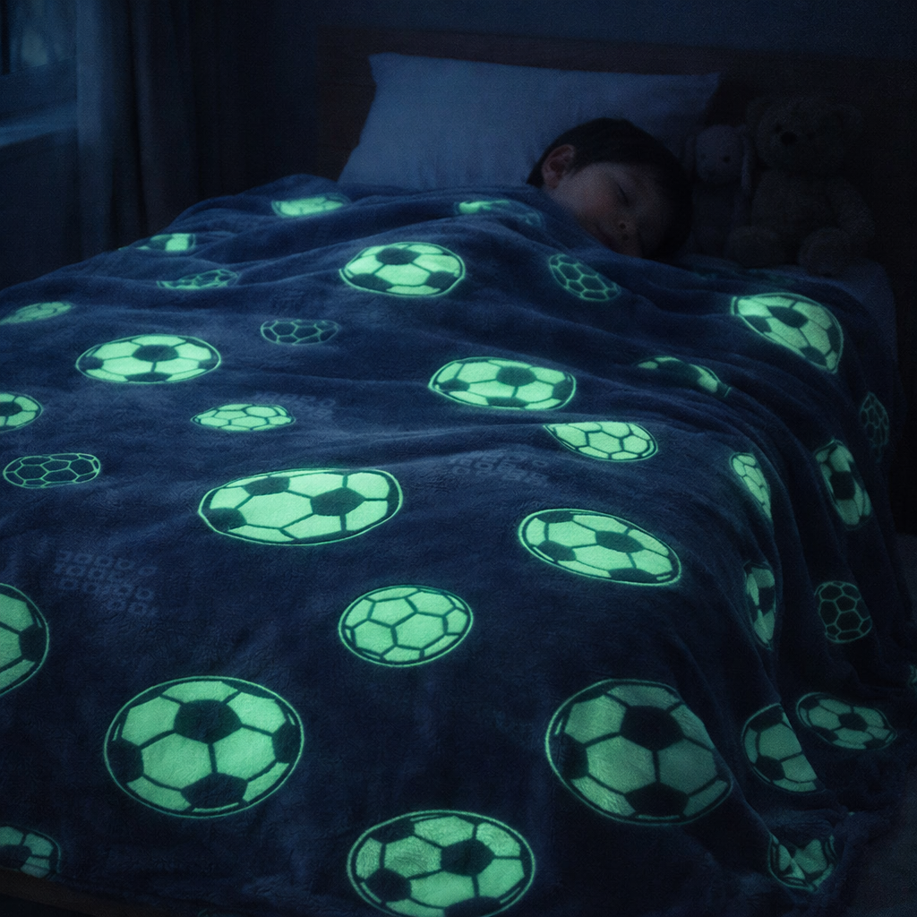 Kids Glow in Dark Blanket for bedtime | (150 × 200 cm) | Grey Football