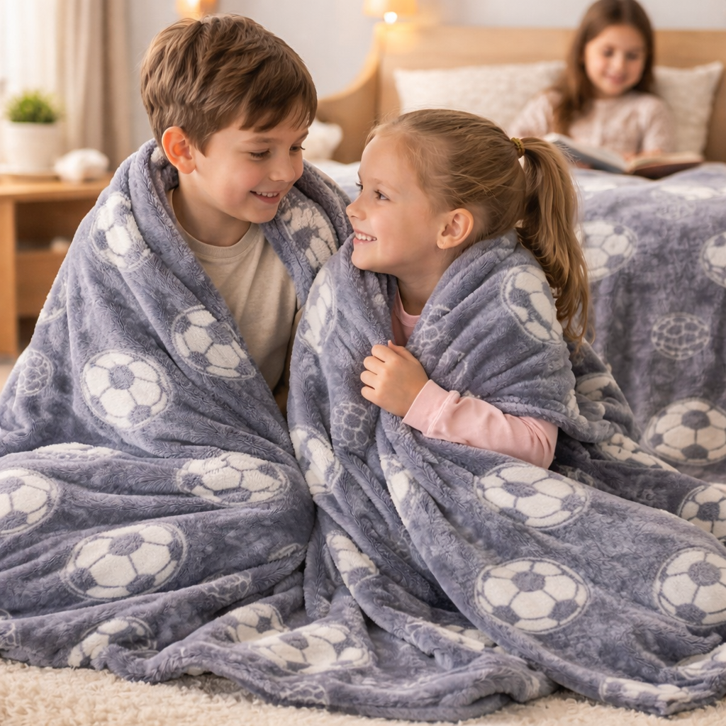 Kids Glow in Dark Blanket for bedtime | (150 × 200 cm) | Grey Football